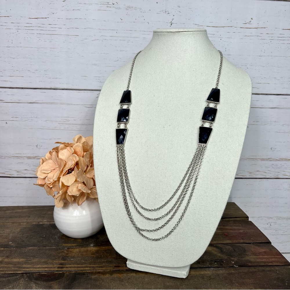 Navy Blue Faceted 6-Gem Multi Strand Silver Tone Statement Necklace